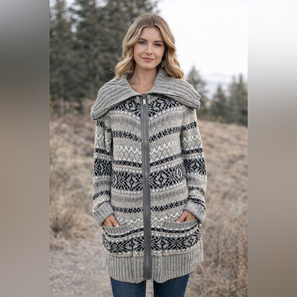 DKNY Jeans Nordic Knit Cardigan Cotton Alpaca Sweater Long SZ S